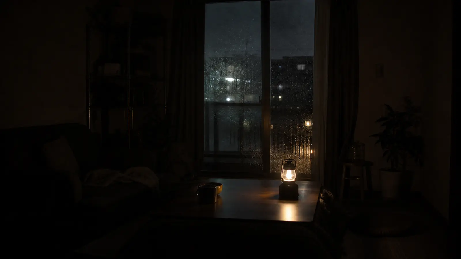 室内の分電盤の前で、懐中電灯とポータブル電源を確認している後ろ姿の写真