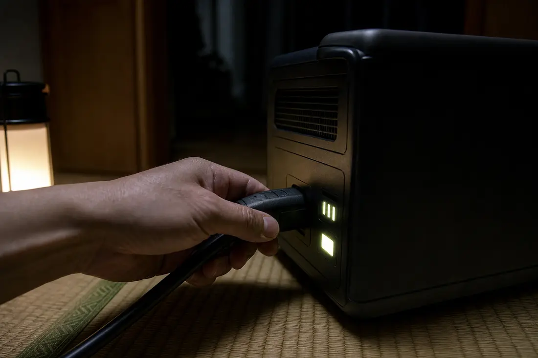 室内でポータブル電源とソーラーパネルが並んでいる写真